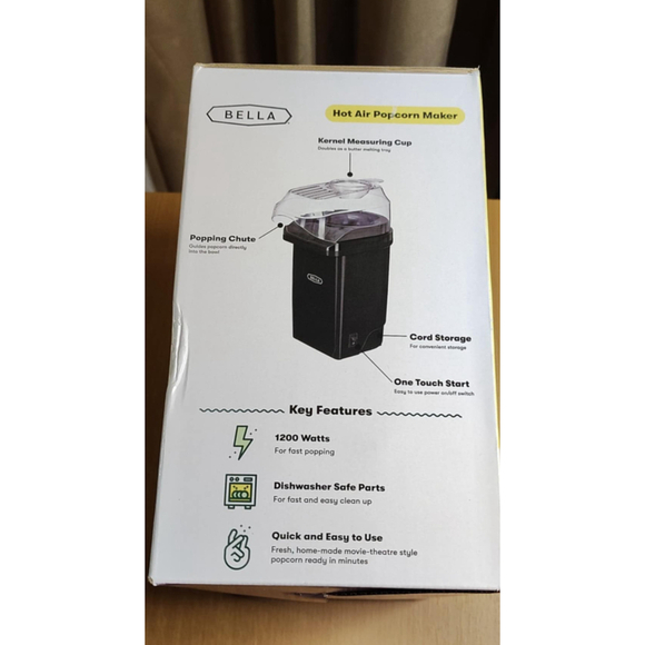 Bella Hot Air Popcorn Maker Healthier Choice No Oil Portable Small BLACK 1200W - Picture 4 of 6